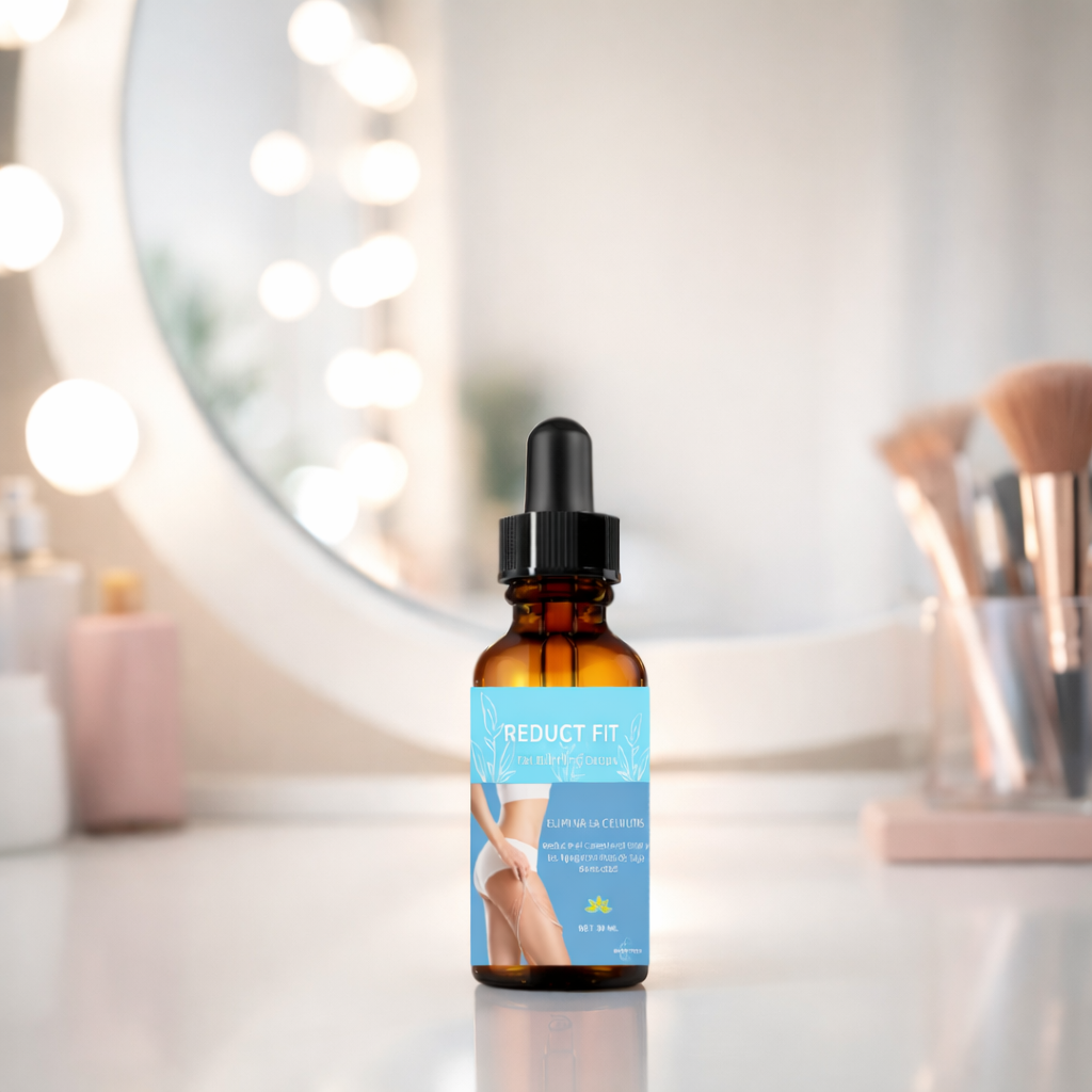 Gotero de vidrio ámbar de 30 ml con etiqueta azul "Reduct Fit", sobre tocador blanco frente a espejo con luces y brochas.