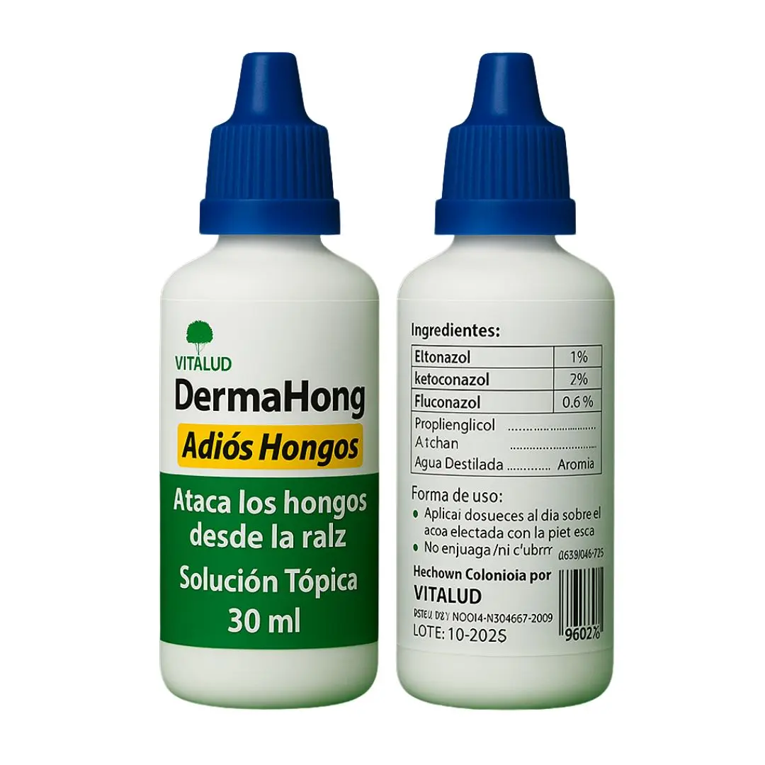 Dos frascos plásticos blancos de solución tópica antifúngica con tapa dosificadora azul de 30 ml, etiqueta verde y marca Dermahong visible.