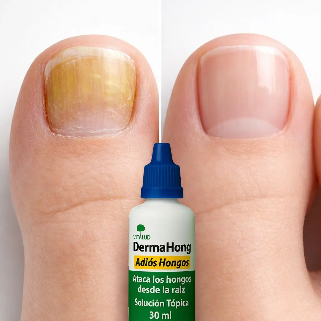Solución tópica Dermahong de 30 ml para hongos en uñas, mostrando un antes y después con mejora evidente en la textura y el color de la uña.