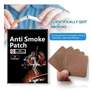 Parches transpirables y discretos para dejar de fumar, caja negra de 20 unidades junto a parches cuadrados beige con textura.
