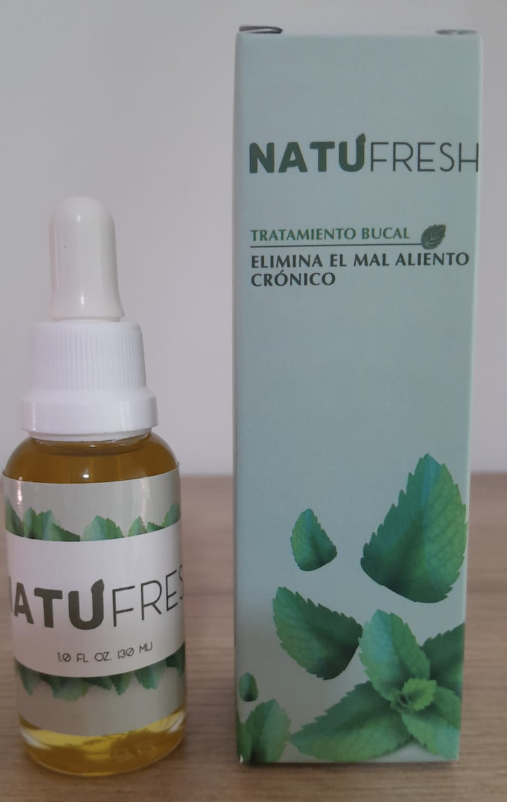 Frasco gotero de 30 ml con líquido amarillento y caja azul con motivos de menta. Tratamiento bucal Natufresh para el mal aliento crónico.