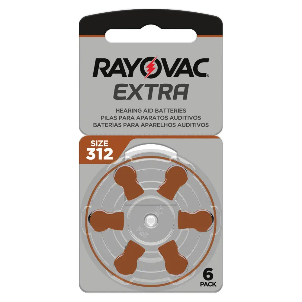 Empaque de 6 baterías para audífono Rayovac tamaño 312 color marrón con lengüetas dispuestas en rueda transparente sobre fondo gris.