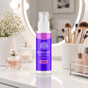 Spray antihongos Herbcure de 60 ml, envase blanco con etiqueta morada y dosificador, sobre tocador con maquillaje y flores.