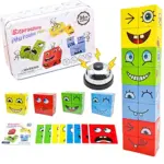Kit educativo de bloques de madera con expresiones faciales, tarjetas de colores, timbre y caja metálica para juego de asociación de emociones.
