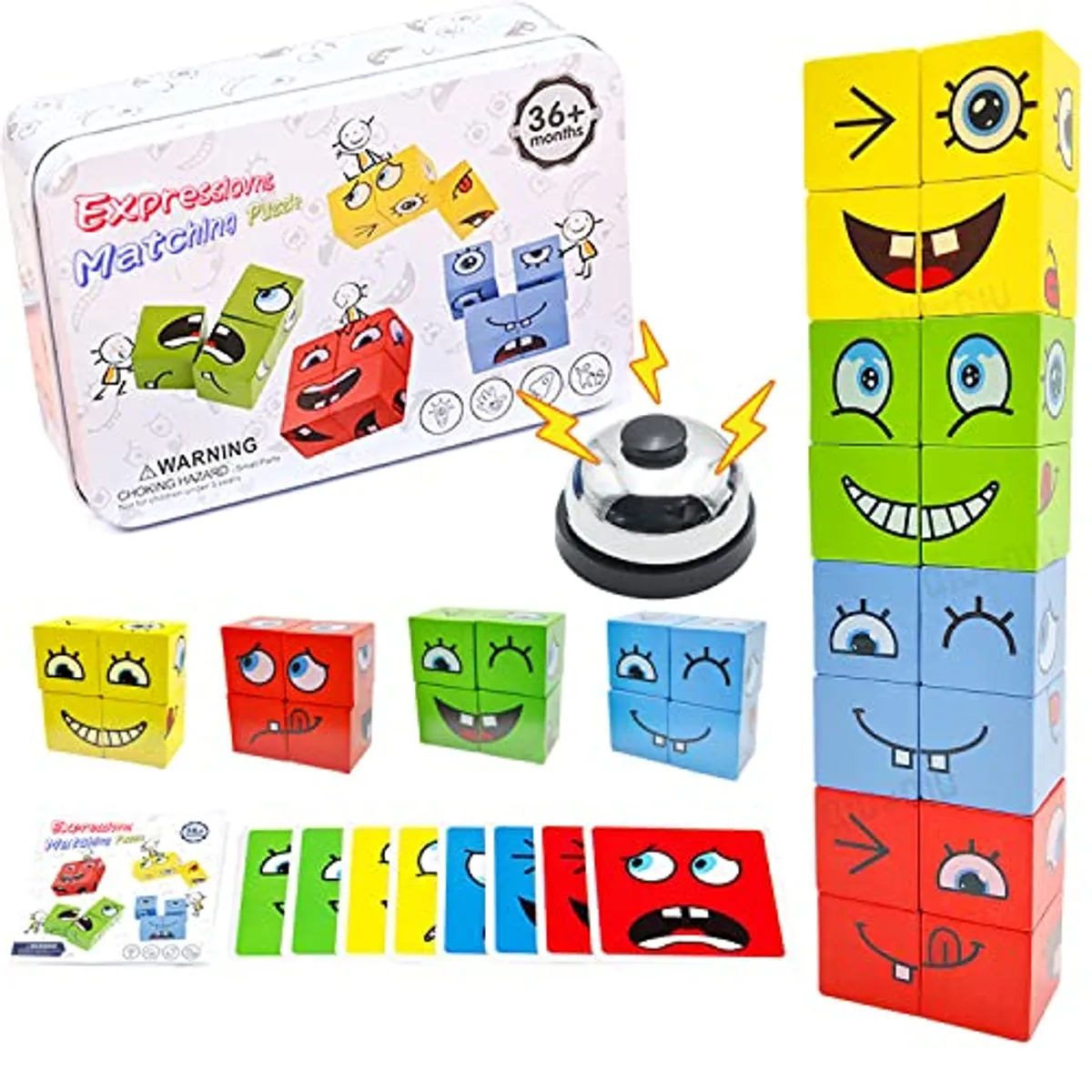 Kit educativo de bloques de madera con expresiones faciales, tarjetas de colores, timbre y caja metálica para juego de asociación de emociones.