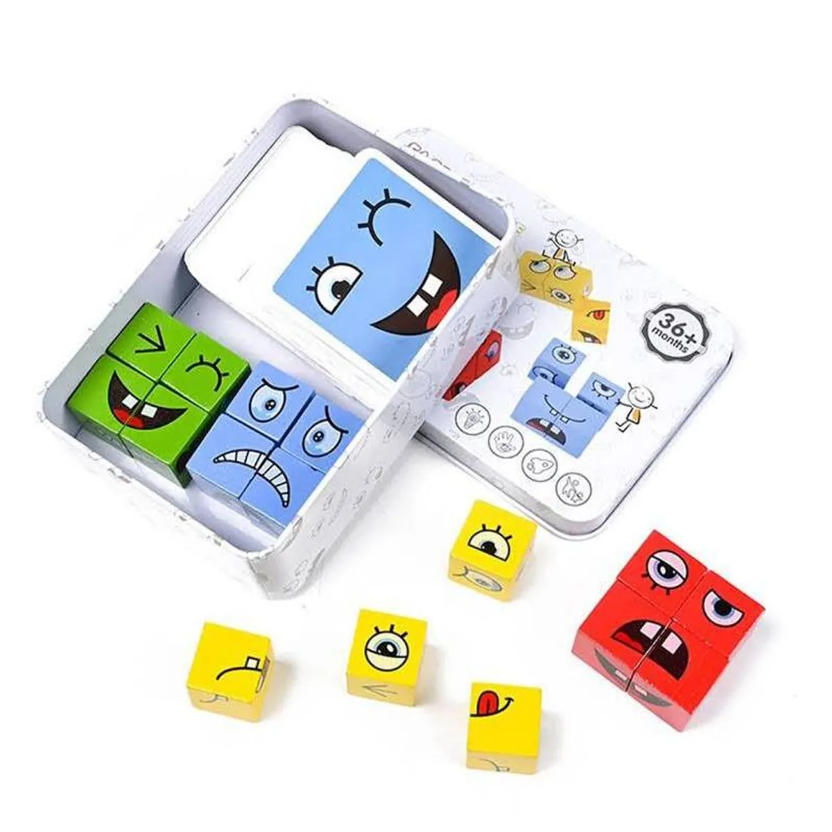 Set x2 puzzle de madera de inteligencia emocional con caja metálica, tarjetas de expresiones faciales y bloques de colores para armar caras.