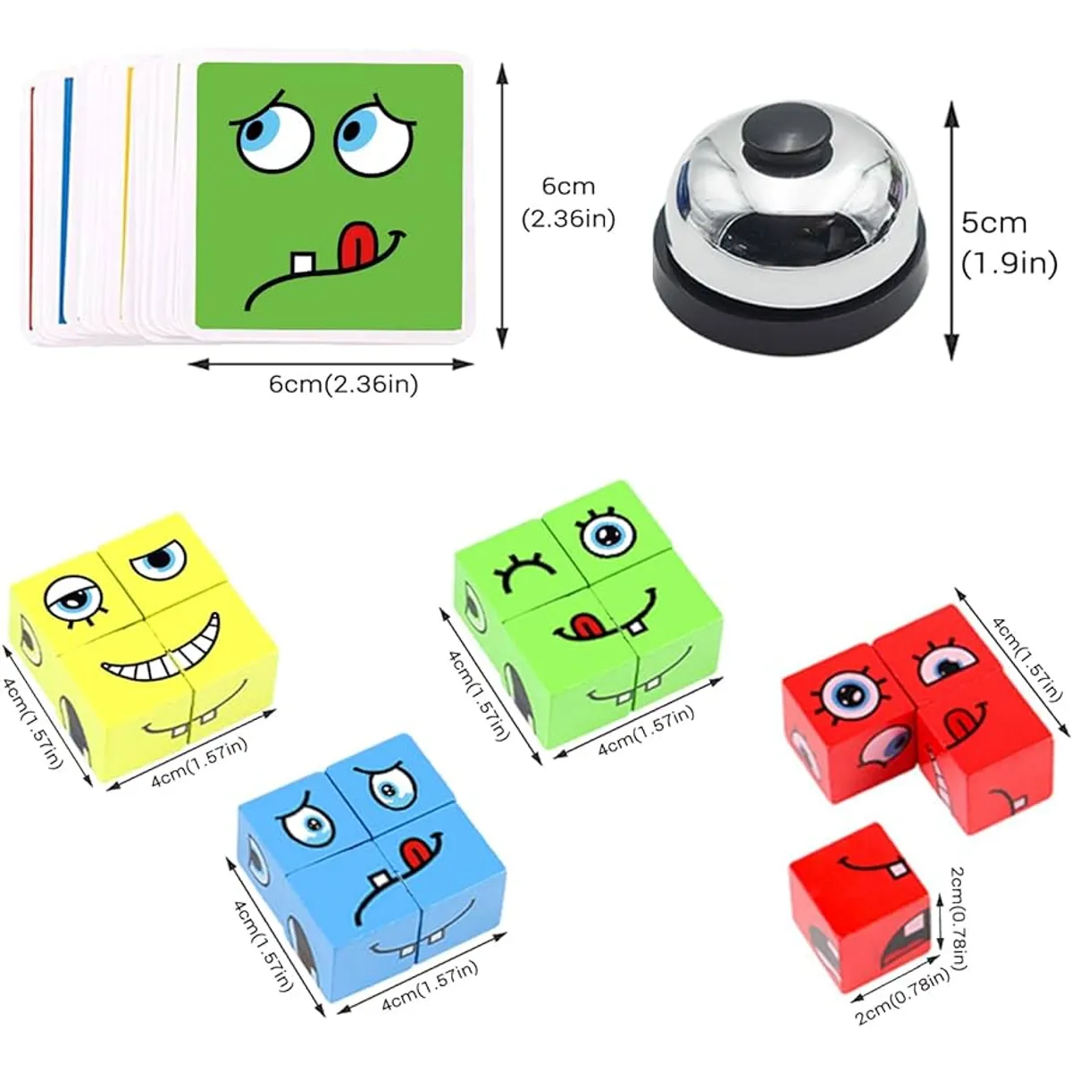 Set de puzzle de madera con tarjetas de expresiones faciales de 6x6 cm, bloques coloridos de 4x4 cm y timbre metálico de 5 cm.