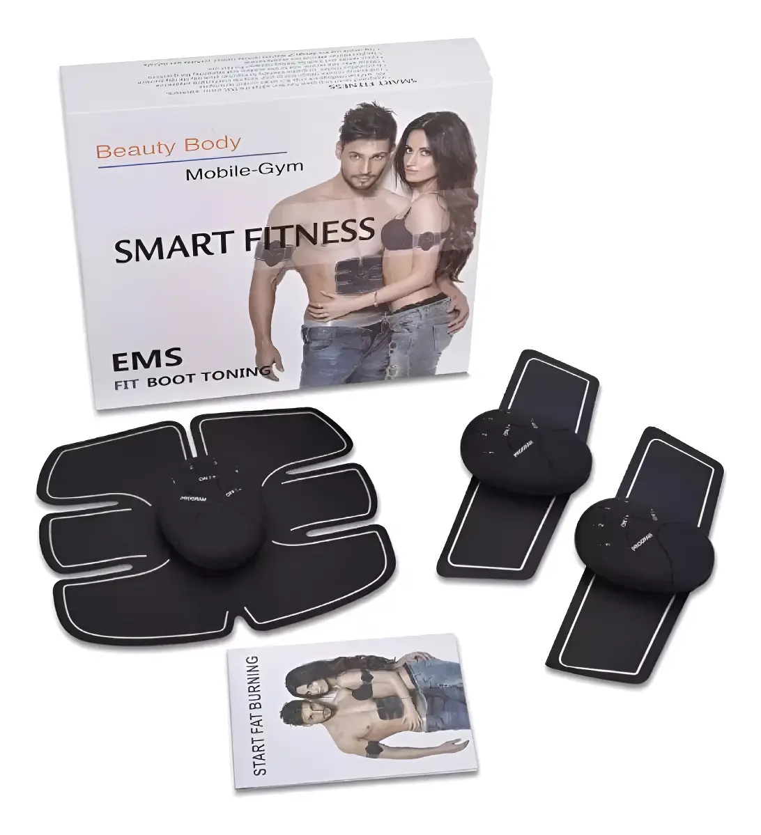 Caja del cinturón tonificador muscular EMS con un parche grande para abdomen y dos pequeños para brazos, acompañados de sus controles y manual.