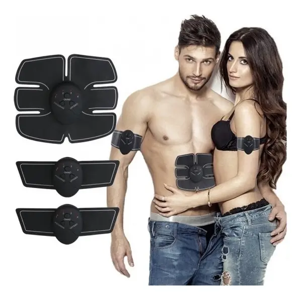 Set de tonificadores musculares EMS negros, incluye una unidad grande para abdomen y dos pequeñas para brazos o piernas, modelados por una pareja.