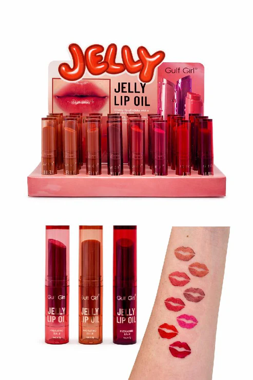 Exhibidor con barras de Jelly Balm con color hidratante tono Gulf, junto a tres unidades en tonos marrón y rojo con muestras de color en el brazo.