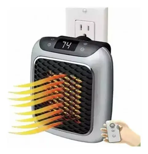 Calentador cerámico de pared color gris con rejilla negra y ondas de calor naranjas, conectado a un tomacorriente y junto a un control remoto.
