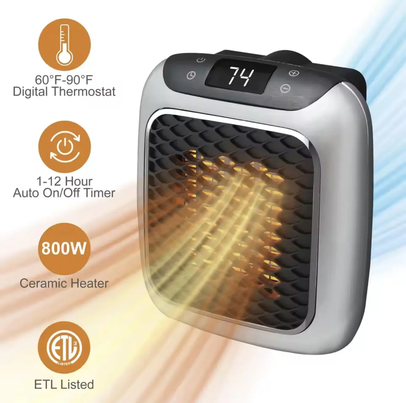 Calentador de aire cerámico plateado de 800W con termostato digital, pantalla LED en 74 grados y función de temporizador.