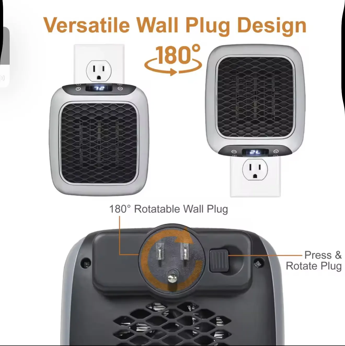 Calentador cerámico portátil plateado con enchufe de pared giratorio 180 grados y pantalla LED digital superior con control de temperatura.