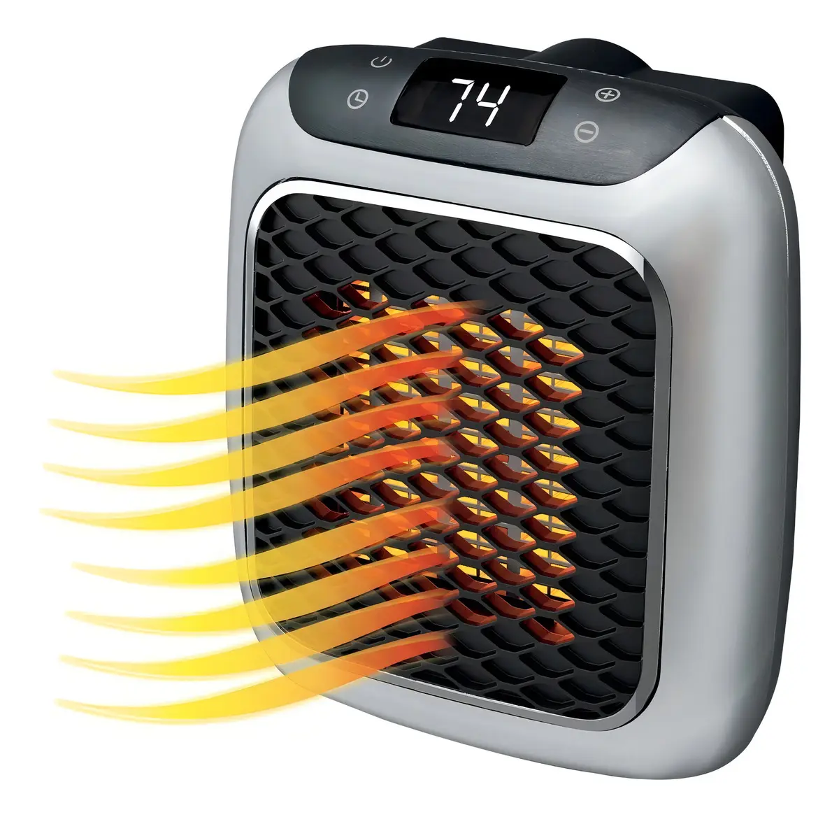 Calentador cerámico compacto plateado con pantalla digital en 74 grados, rejilla negra frontal y ondas de calor anaranjadas saliendo hacia el lado izquierdo.