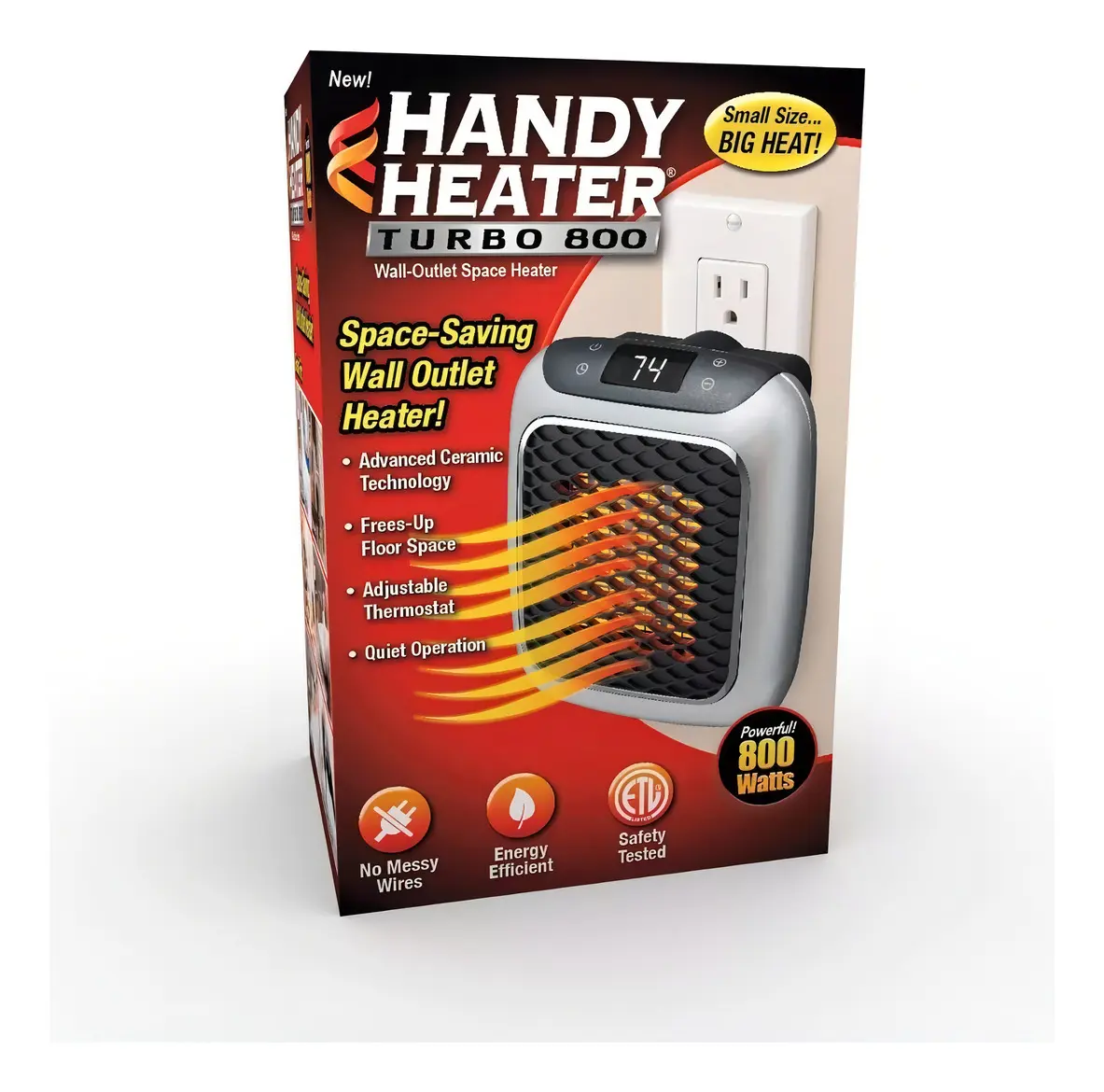 Empaque de calentador cerámico Handy Heater Turbo 800 de 800W, color gris con pantalla digital, para conexión directa al tomacorriente.