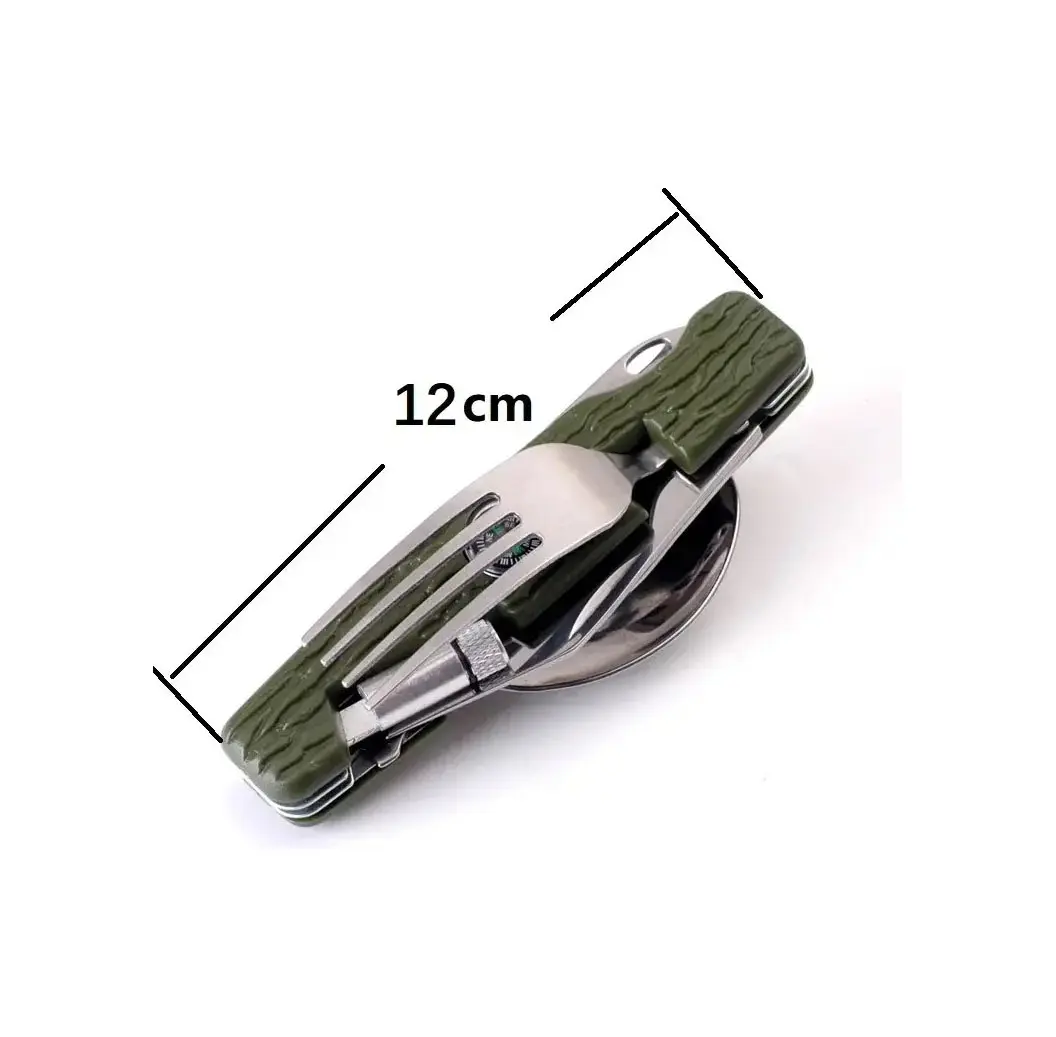 Set de cubiertos plegables de acero inoxidable con mango verde texturizado, de 12 cm de largo, para camping.