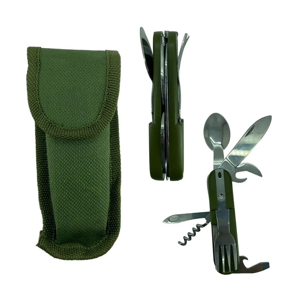 Set de cubiertos plegables de acero inoxidable color verde militar, incluye estuche de tela, cuchara, tenedor, cuchillo, abrelatas y sacacorchos.
