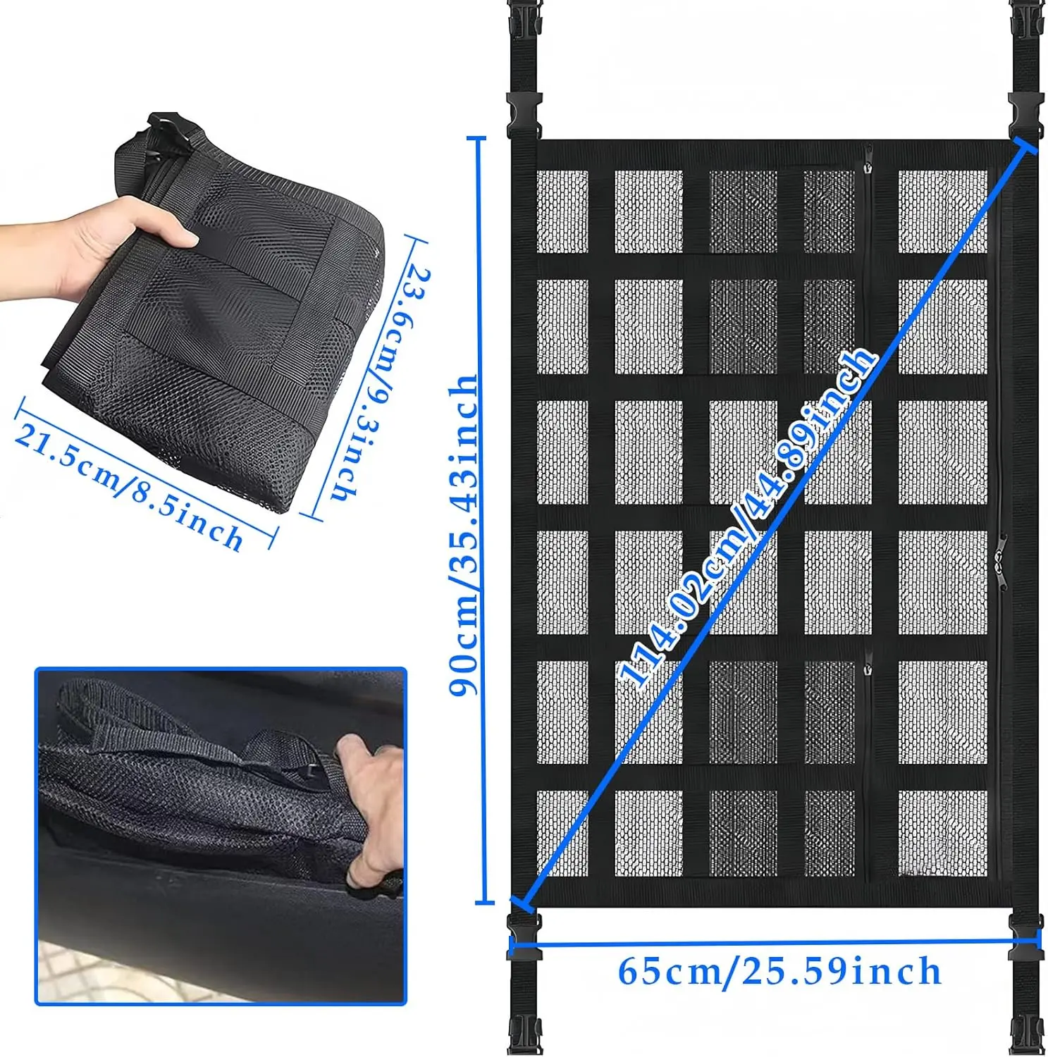 Red de techo organizadora negra de 65x90 cm para auto con múltiples compartimentos de malla, mostrando medidas y una unidad doblada en mano.