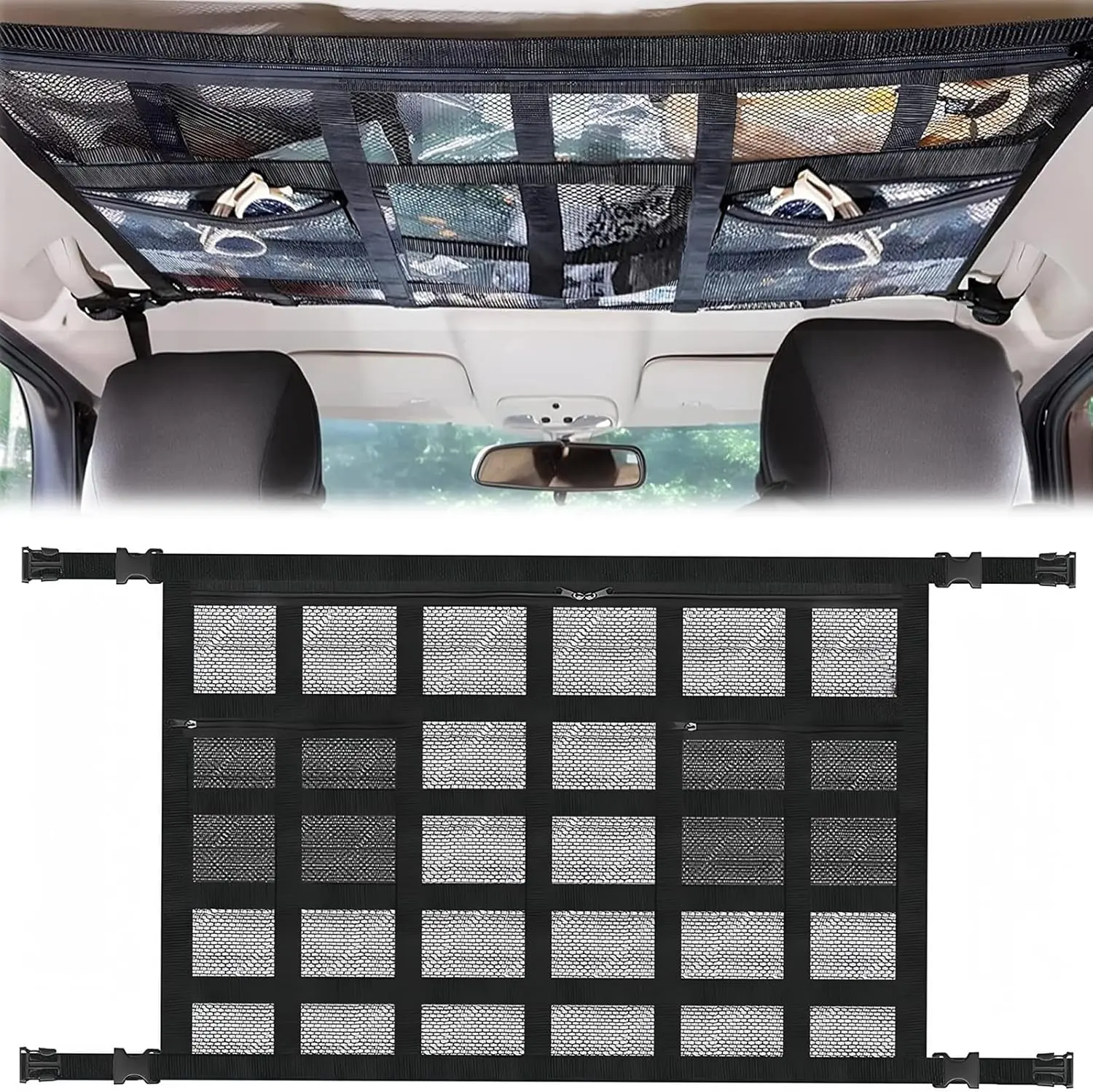Red de techo colgante negra para auto con bolsillos de malla y cremalleras, instalada en el interior superior entre los asientos.