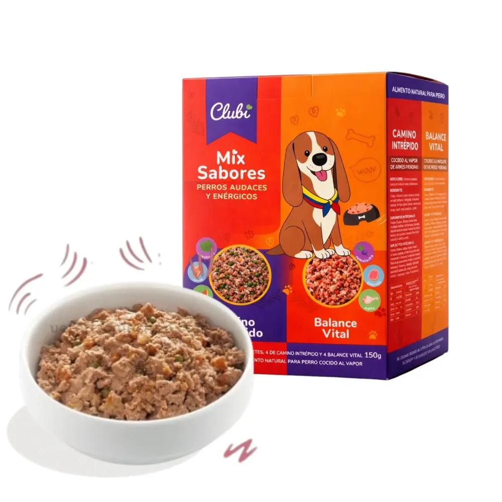 Caja de comida húmeda natural para perro de 150g, acompañada de un plato blanco con porción de alimento y vegetales visibles.