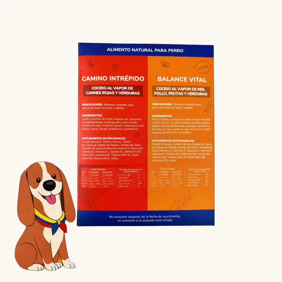 Empaque rectangular de alimento húmedo natural para perro con dos mitades roja y naranja, junto a un perro animado.
