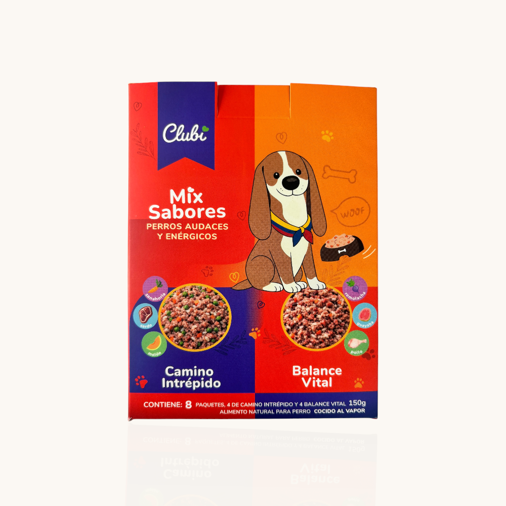 Caja de alimentos húmedos Clubi Mix Sabores para perros con 8 paquetes de 150g, variedades Camino Intrépido y Balance Vital, diseño colorido con canina.
