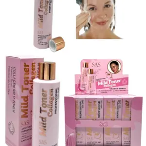 Tónico facial hidratante de colágeno SAS, presentación de 250 ml en envase rosado con tapa dorada, incluye caja individual y exhibidor de 12 unidades.