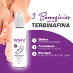 Spray de terbinafina al 8% en envase blanco de 100 ml junto a pie aplicando producto y texto sobre beneficios.