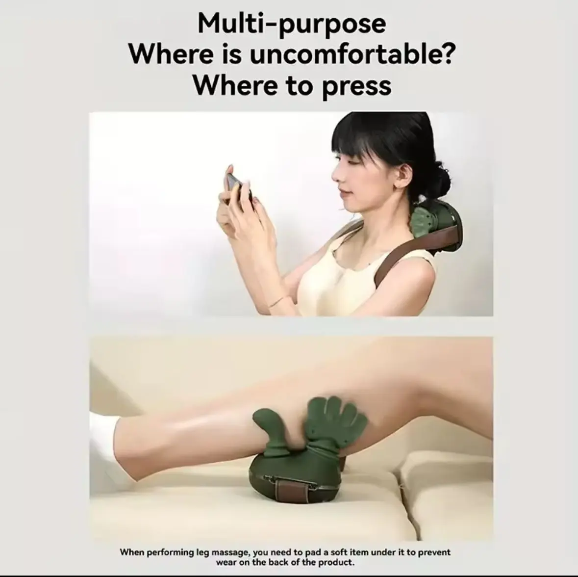 Masajeador ergonómico verde con forma de manos para cuello y piernas, mostrando su uso versátil sobre los hombros y pantorrilla con soporte acolchado.