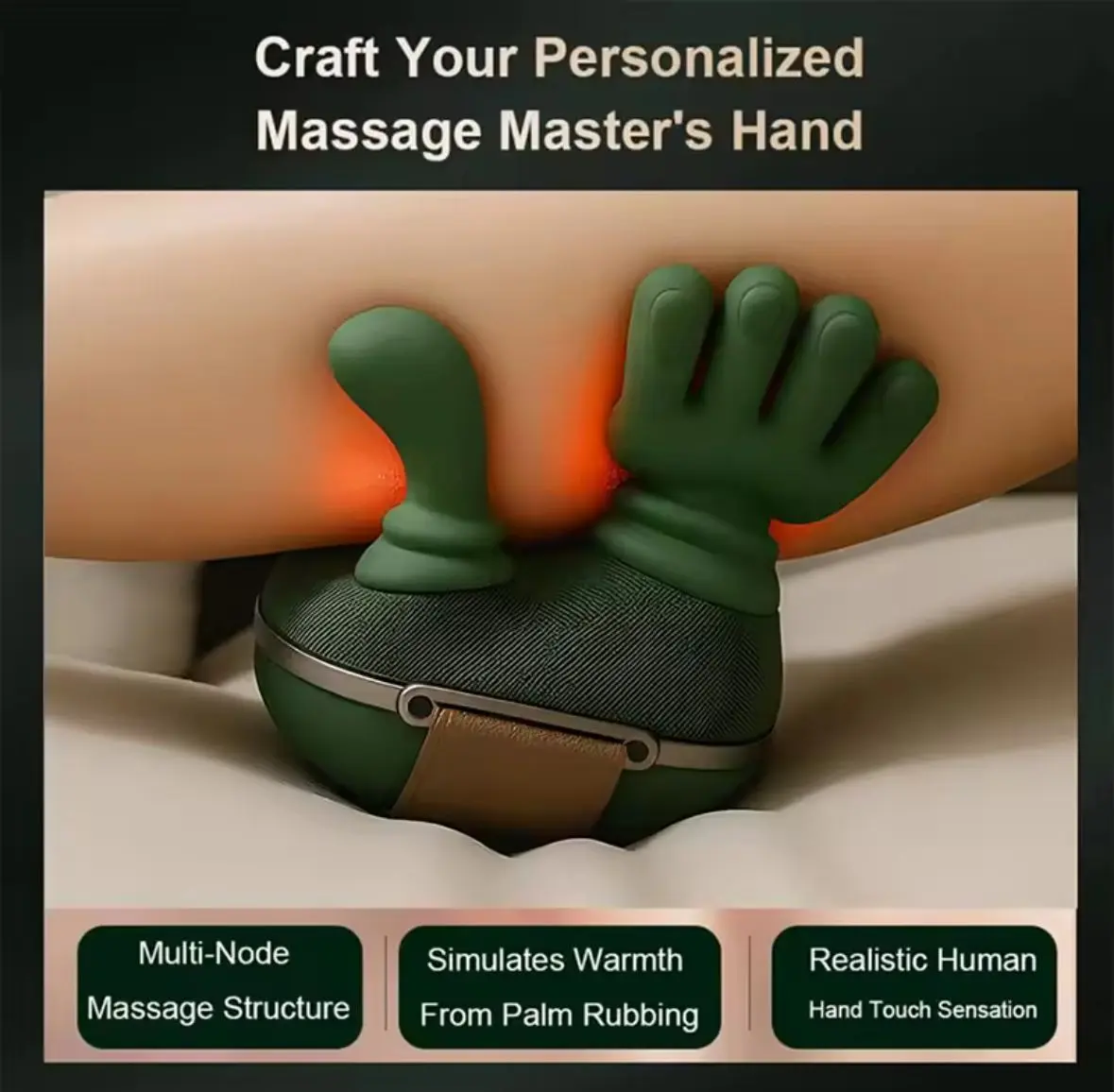 Masajeador ergonómico verde con forma de mano y pulgar, diseñado para cuello y espalda, que simula calor y presión manual sobre una pierna.