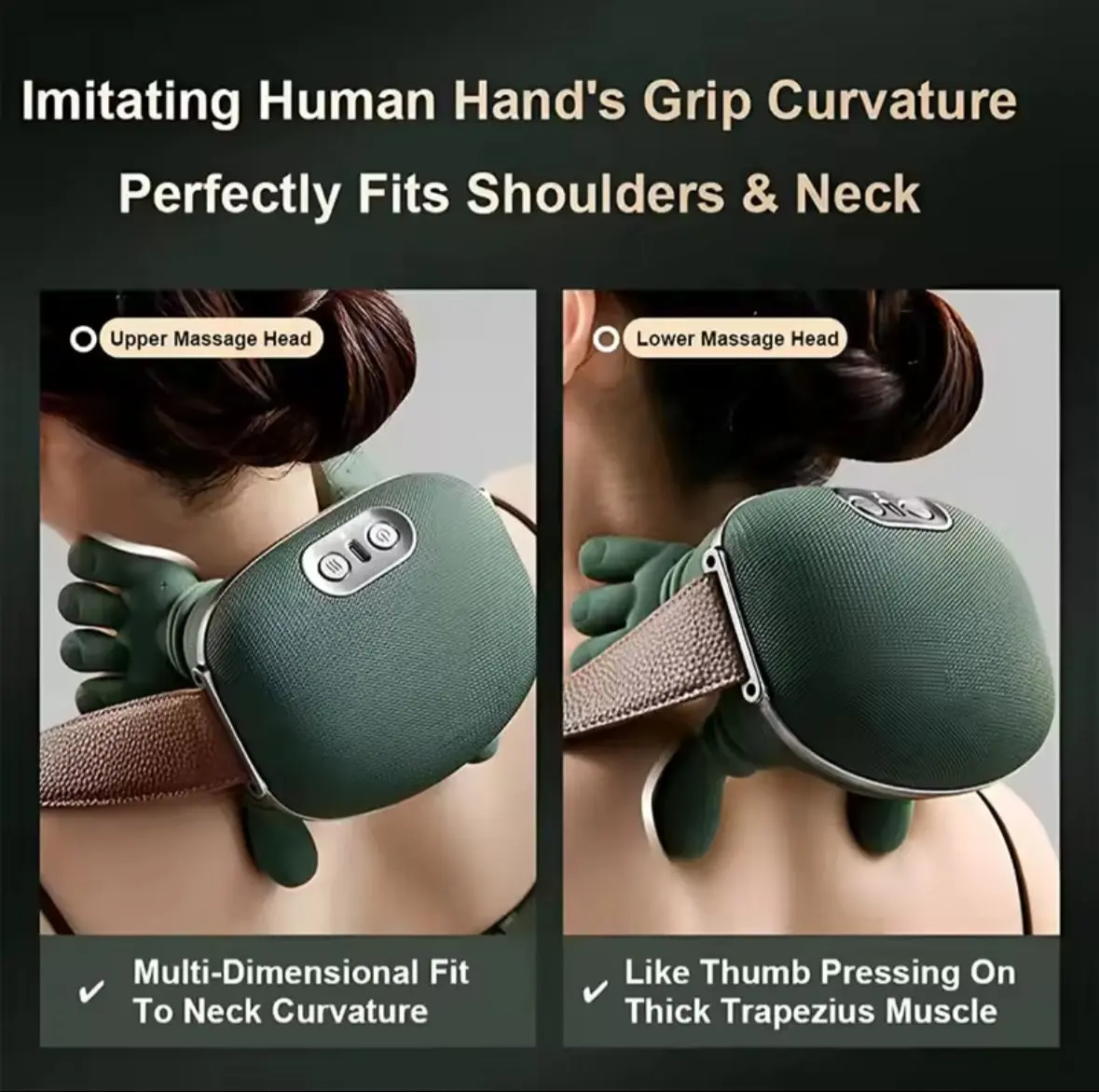 Masajeador ergonómico color verde oliva con cabezales en forma de manos que presionan el cuello y trapecios para aliviar la tensión muscular.