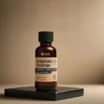 Frasco ámbar de 30 ml de drenador linfático con extractos herbales y tapa negra, sobre una base negra en un fondo beige minimalista.