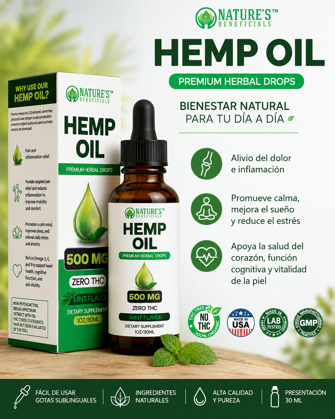 Frasco de aceite de cáñamo de 30ml con gotero y caja verde, sabor menta, 500mg, sin THC, sobre superficie de madera con hojas de menta fresca.