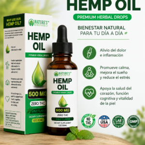 Aceite de cáñamo Nature's Beneficals 30ml sabor menta, frasco con gotero y caja verde sobre madera, suplemento herbal sin THC para bienestar y relajación.