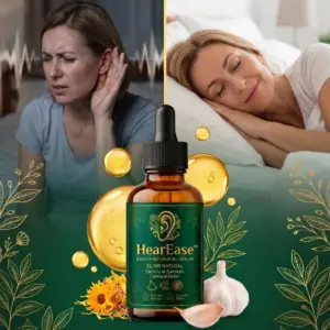Gotas botánicas Hear Ease para oídos con gotero, frasco ámbar de etiqueta verde, rodeado de extractos naturales para aliviar zumbidos y dormir.