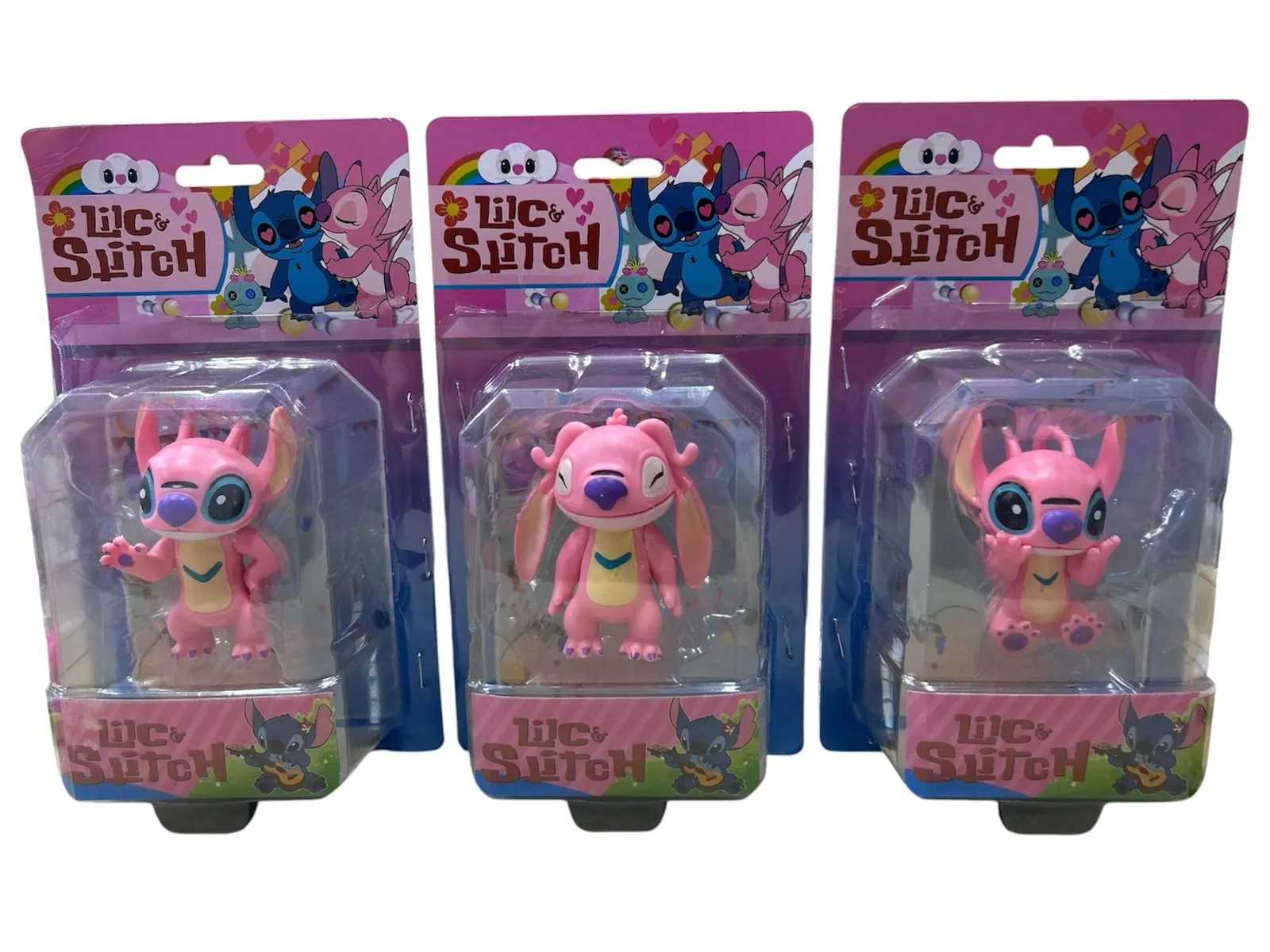 Tres figuras coleccionables de Angela en miniatura con distintas poses, presentadas en empaques de blíster rosa y azul para decoración.