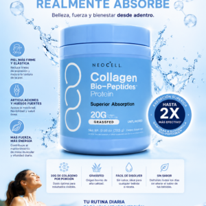 Tarro azul de colágeno Neocell Bio-Peptides 283g con cucharita dosificadora, modelo sin sabor, ideal para piel y articulaciones.