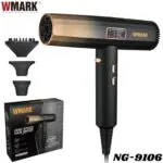Secador profesional Wmark NG-9106 negro con detalles dorados, pantalla digital, tres boquillas y caja de alta velocidad de 2000W.