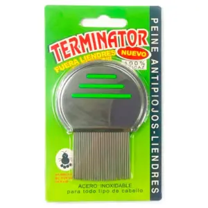 Peine antipiojos de acero inoxidable Terminator con mango circular y dientes finos, presentado en empaque verde.