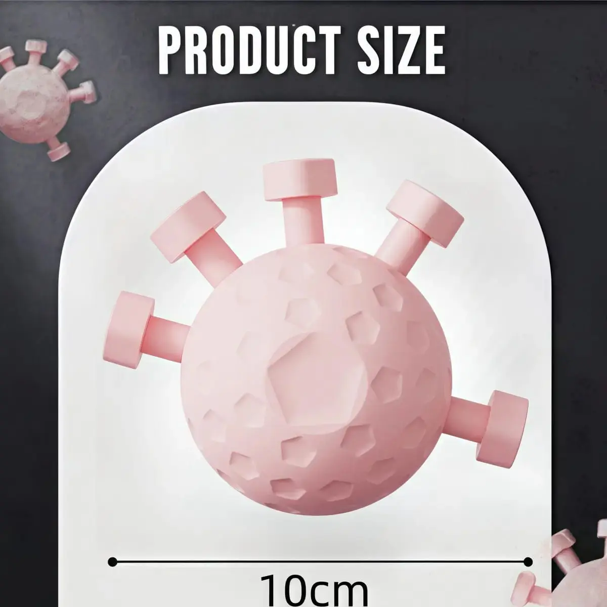 Fortalecedor de antebrazo rosa con forma de virus y textura hexagonal, con un diámetro de 10 cm.