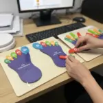 Manos y manos sosteniendo piezas de rompecabezas de madera con forma de pies numerados del 1 al 5, sobre una mesa de oficina con teclado y monitor.