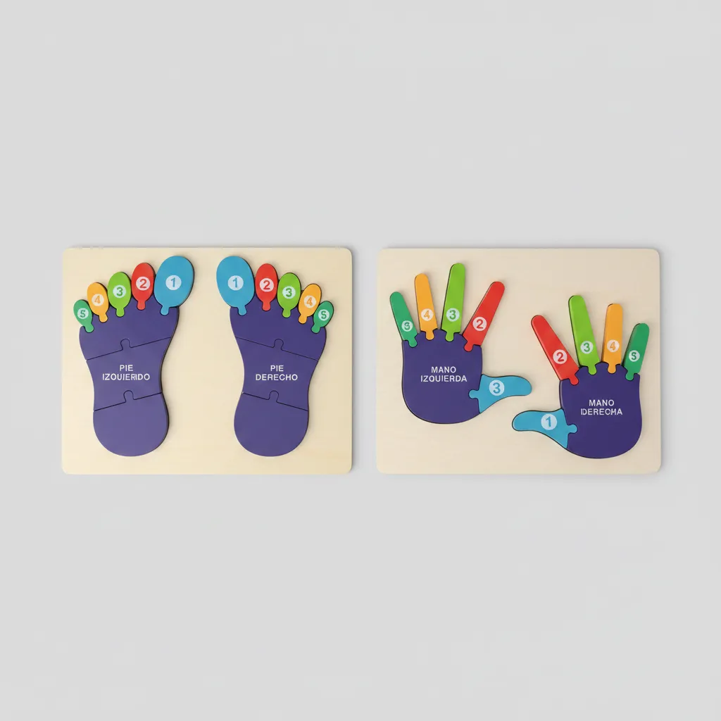 Dos tablas de madera con piezas encajables de colores que representan manos y pies, marcadas con números para aprender conteo y motricidad fina.