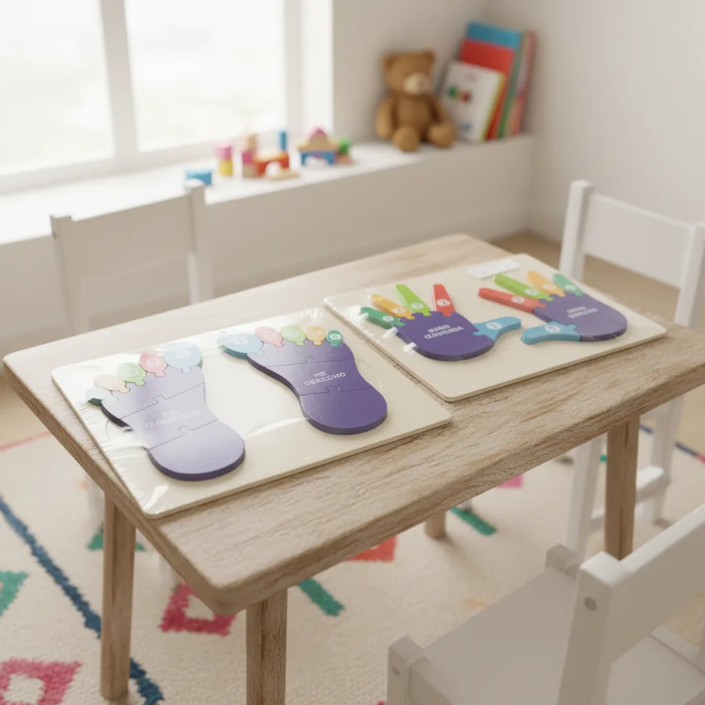 Dos tableros de madera con piezas encajables de manos y pies color morado, diseñados para aprender números y motricidad fina sobre una mesa infantil.