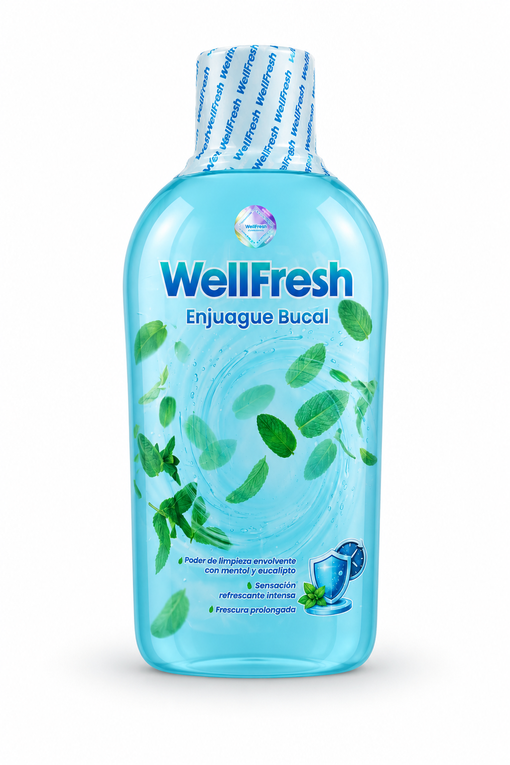 Enjuague bucal WellFresh en botella azul con diseño de hojas de menta y eucalipto para frescura y protección de encías.