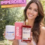 Mujer sonriendo al aire libre sostiene tres productos de cuidado personal: tarro blanco aclarante, envase rosa de probióticos y aceite corporal rojo Truly.