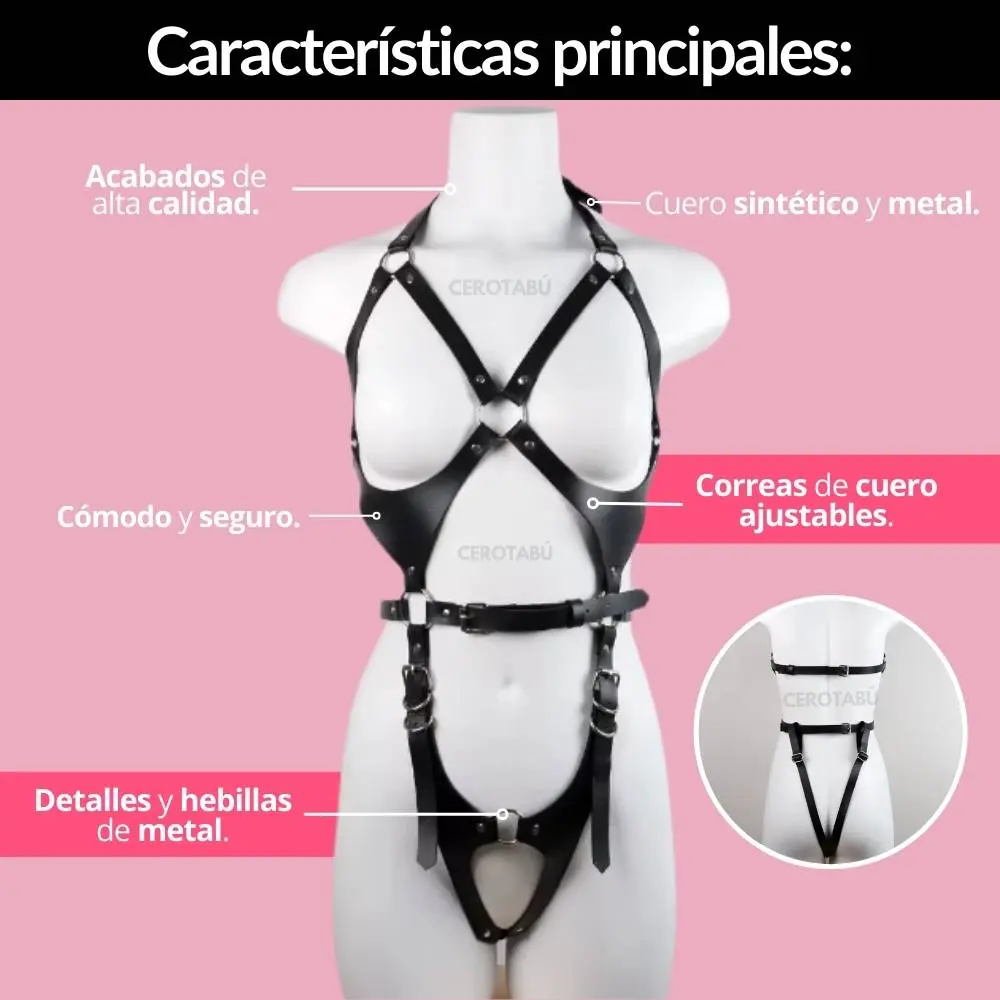 Arnés Celtic de cuero sintético negro para mujer con hebillas metálicas y tiras ajustables mostrado en maniquí con vista frontal y posterior.