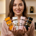 Mujer sonriente sostiene un set de cuatro perfumes árabes Lattafa Yara en tonos naranja, blanco, rosa y negro con detalles dorados frente a estantería.