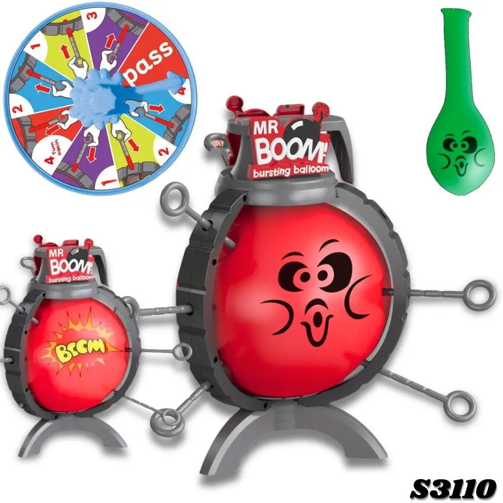 Juego de mesa Mr. Boom con base negra, globo rojo con cara, pasadores, ruleta de colores y un globo verde adicional para inflar en reuniones familiares.