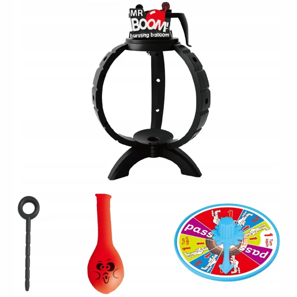 Juego de mesa Mr. Boom con estructura negra, globo rojo con cara, pasador de plástico y ruleta de colores con instrucciones para pasar el turno.