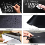 Set de papel de pizarrón adhesivo negro, flexible y recortable, resistente al agua, fácil de limpiar y apto para escribir con tiza sobre superficies.